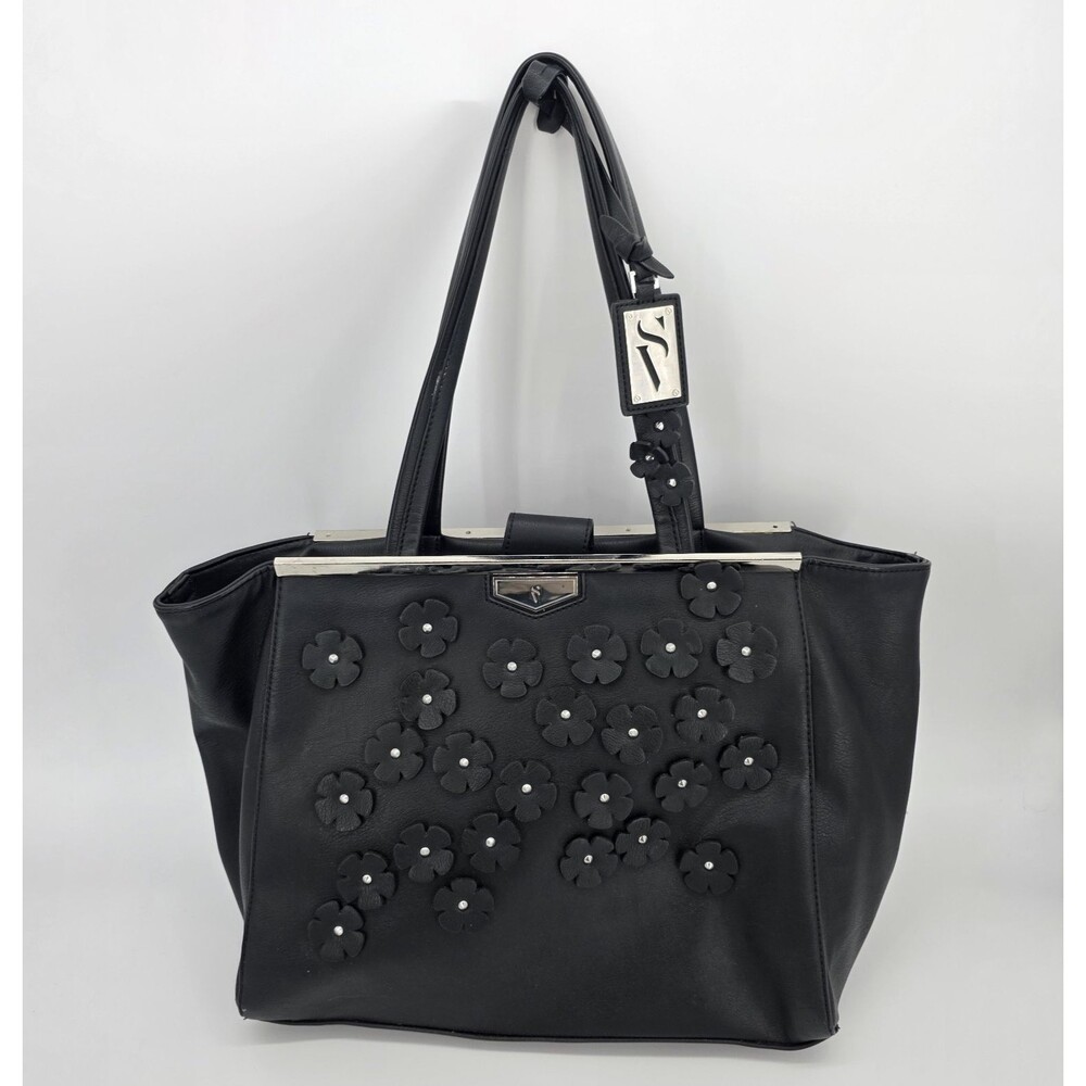Vera Wang Handbag Black Leather Appliqués Floral Purse X-Large Tote Shoulder Bag